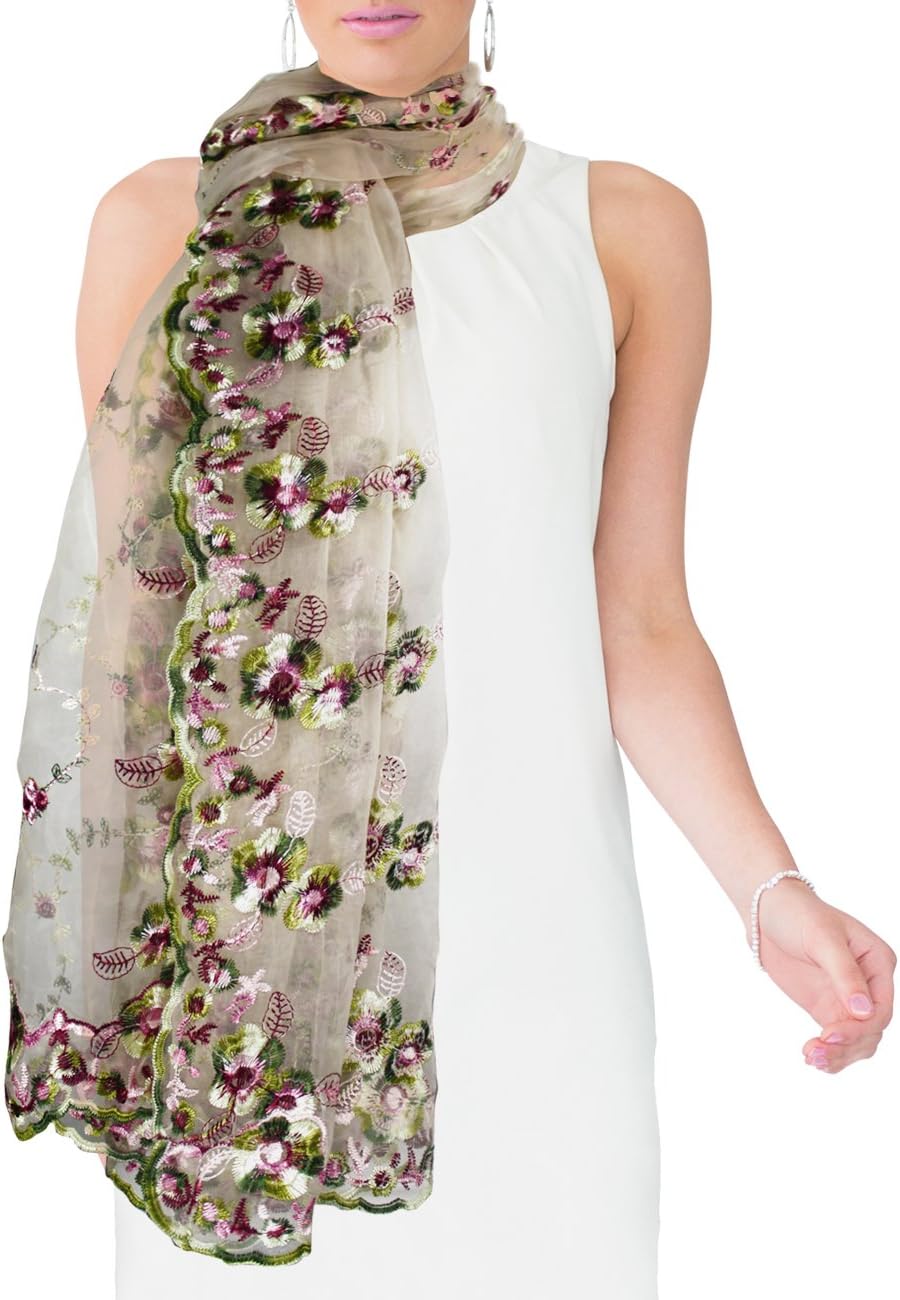 Dahlia Women's Evening Scarf - Floral Lace Embroidered Design