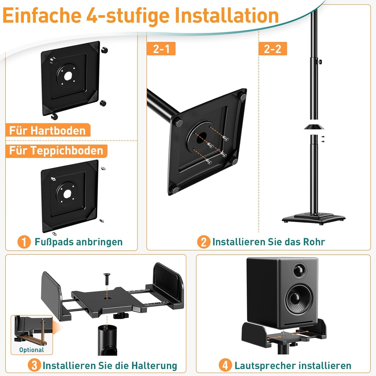 ELIVED Universal Lautsprecherständer höhenverstellbar, Boxenständer mit ausziehbare Auflagenplatte und interner Kabelkanal für Regallautsprecher, 5kg Tragkraf, 1 Paar