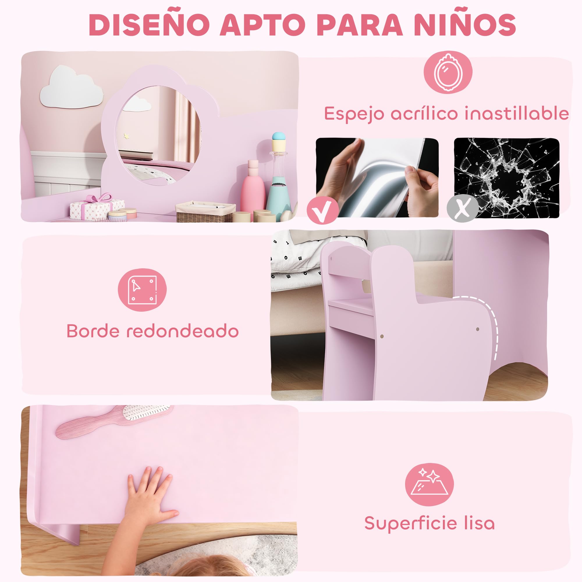 AIYAPLAY Tocador de Maquillaje Niña, 2 en 1, Escritorio, Tocador Infantil con Taburete, Espejo en Forma de Flor, Estantes Abiertos, para Niños +3 Años, Morado