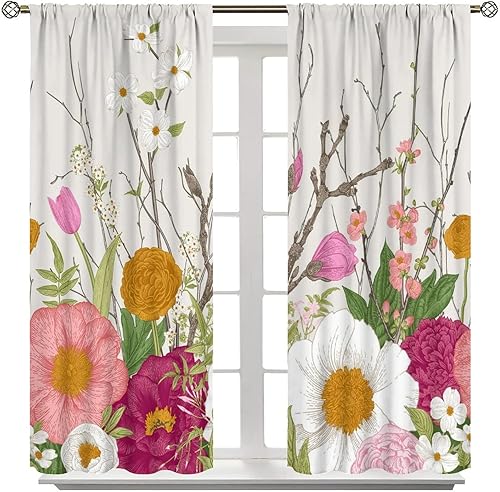 Miniatura 159 de Retro 70s Floral Blackout Window Curtains, Watercolor Flower Plant Rustic Modern Style Pattern Window Drapes, for Bedroom Living Room 42x45in 2