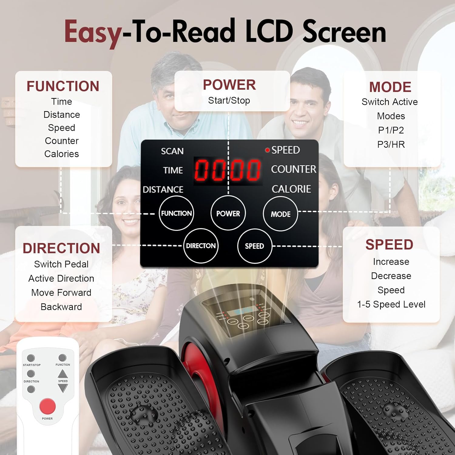 Under Desk Elliptical Machine - Electric Leg Exerciser with 15 Speeds, Auto & Manual Modes, Forward/Reverse Pedal Motion, Quiet Magnetic Exercise Equipment for Home Office (Red)