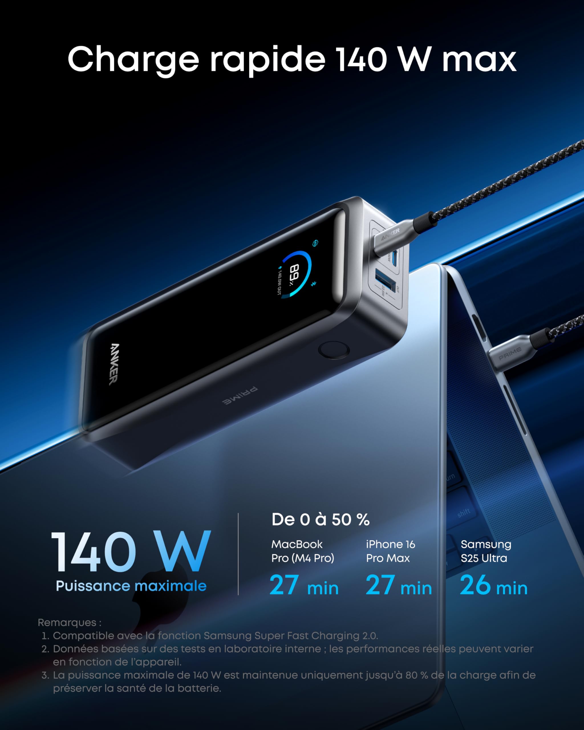 Anker Prime Batterie Externe 26250 mAh, Sortie Max 300W, 3 Ports