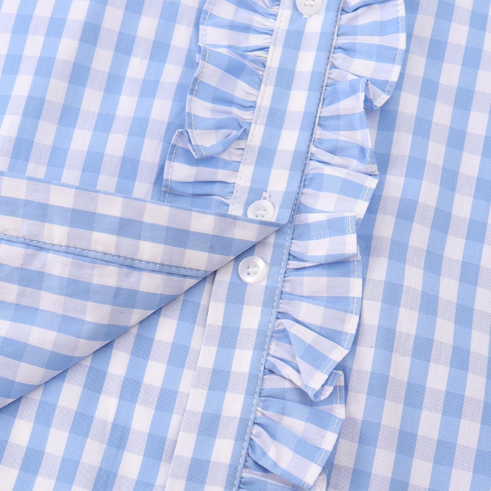 Noomelfish Girls Ruffle Button Down Uniform Dress Shirts Kids Plaid Western Long Sleeve Blouse Tops (5-14 Years) - Image 6