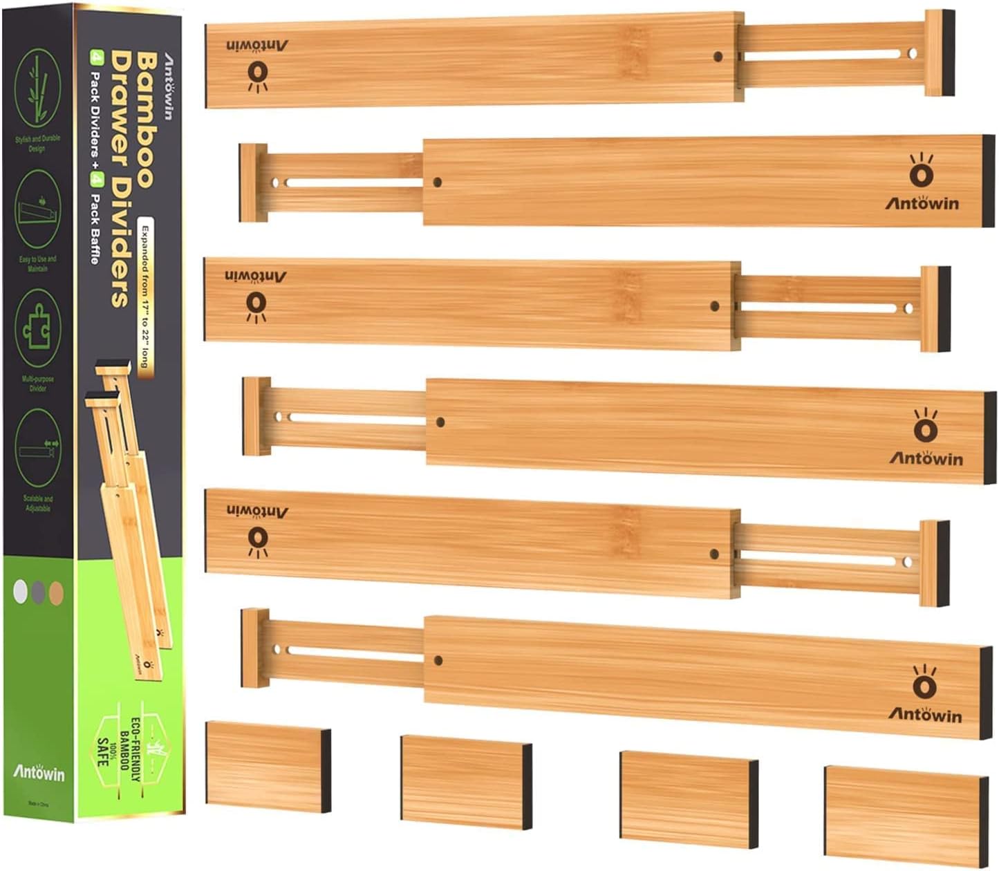ANTOWIN Bamboo Drawer Dividers, Expandable Drawer Separators Splitter, 17-22 inches Adjustable Spring-loaded Organizer for Large Utensil, Clothes, Tools Drawers, 6 Pack Dividers + 4 Pack Baffle