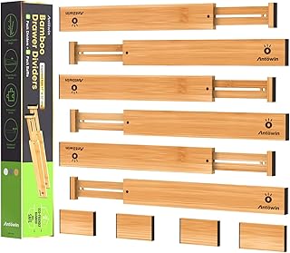 ANTOWIN Bamboo Drawer Dividers, Expandable Drawer Separators Splitter, 17-22 inches Adjustable Spring-loaded Organizer for Large Utensil, Clothes, Tools Drawers, 6 Pack Dividers + 4 Pack Baffle