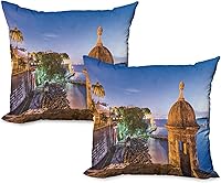 Vista 8 de Lunarable Juego de 2 fundas de cojín de Puerto Rico, diseño de Coast at Paseo de la Princesa, diseño de elementos arquitectónicos de estilo retro