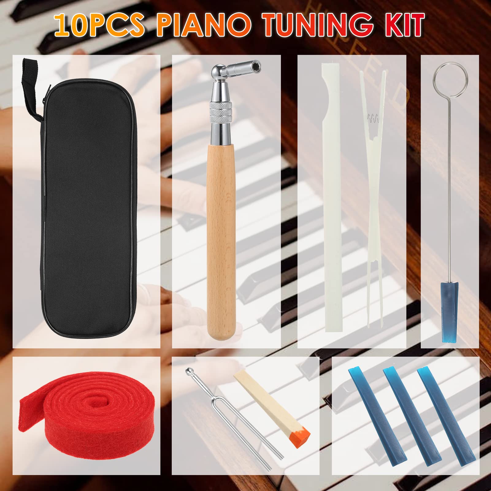 10pcs Piano Tuning Kit Professionale Tuning Tools Set di Chiave di Accordatura Manico Lungo Chiave di Sintonizzazione Gomma Muti Temperamento Striscia di Feltro per Accordatore Pianoforte con Borsa