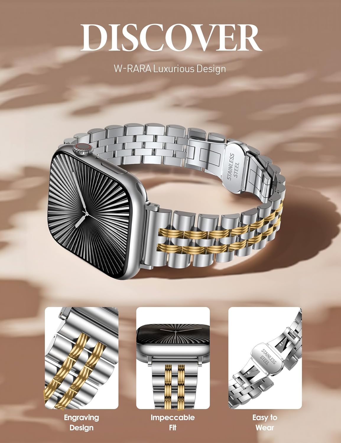 W-RARA Slim Metal Band Compatible with Apple Watch Band 38/40/41/42/44/45/46/49mm, Dressy Elegant Luxury Stainless Steel Engraved Classy Strap for iWatch Bands Utra SE Series 11 10 9 8 7 6 5 4 3 2 1