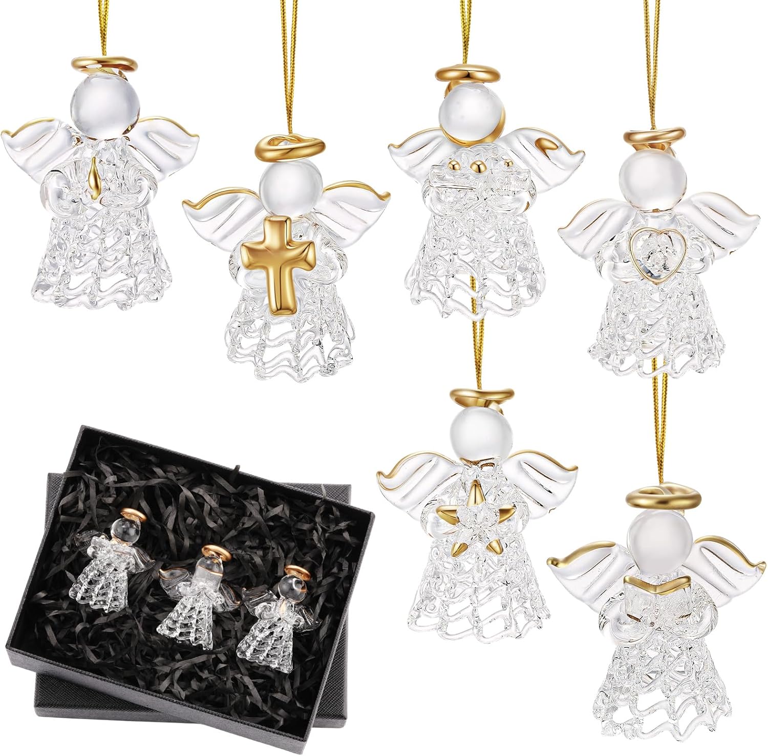 6 Pcs Glass Angel Figurines Valentines Day Crystal Ornaments Hanging Guardian Angel Gifts for Christian Church Easter Mother's Day Holiday Decor, 6 Styles