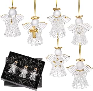 6 Pcs Glass Angel Figurines Christmas Tree Ornaments Crystal Hanging Ornaments Guardian Angel Gifts for Christian Church Holiday Decor, 6 Styles