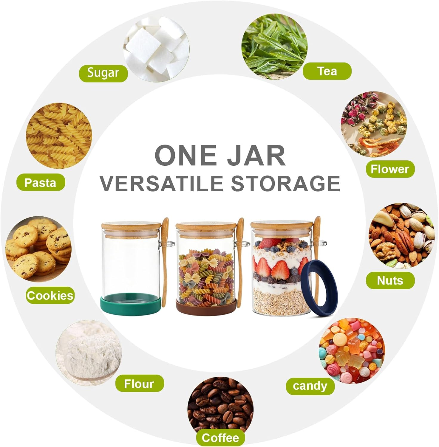 Glass Containers Sets with Lids and Spoons - Kitchen Storage Jars with Protective Silicone Sleeves and Bamboo Scoops, Airtight Canisters for Sugar, Salt, Coffee, Chia Pudding, Matcha, Tea, 6 Packs