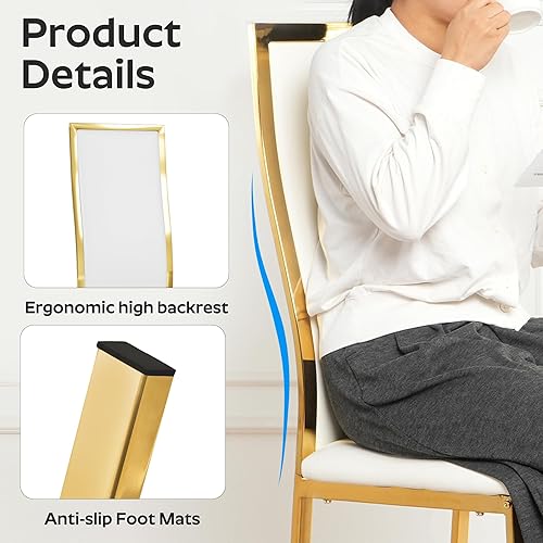 Miniatura 5 de Juego de 4 sillas de comedor modernas de piel sintética blanca con patas de metal dorado cromado, diseño curvado de respaldo alto y amortiguación de