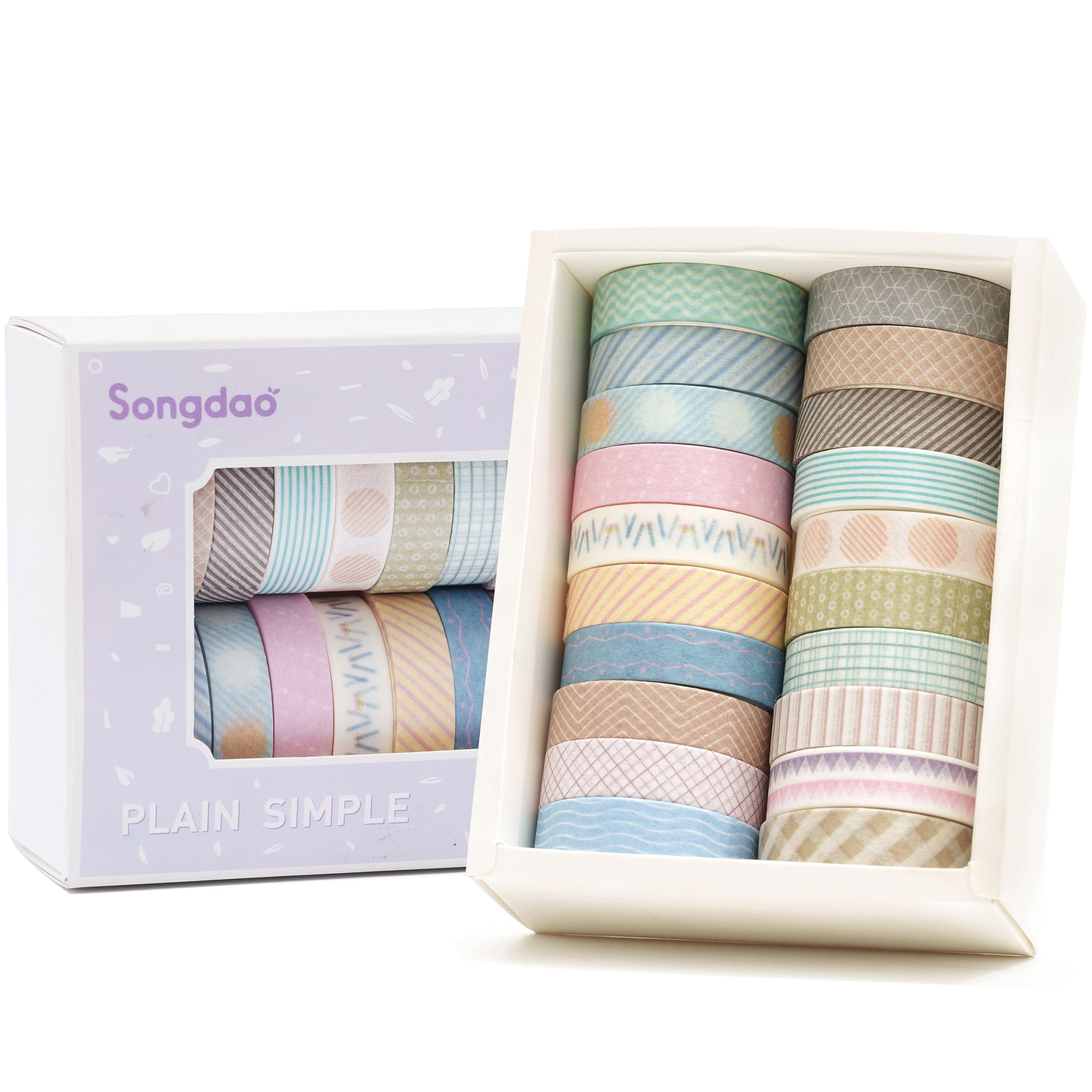 Songdao 20 Rolls Basic Washi Tape Set Japanese Arts Adhesive Tapes Simple Patterns Decorative Masking Tape Sets for Craft, Kids, Scrapbook, DIY, Gift