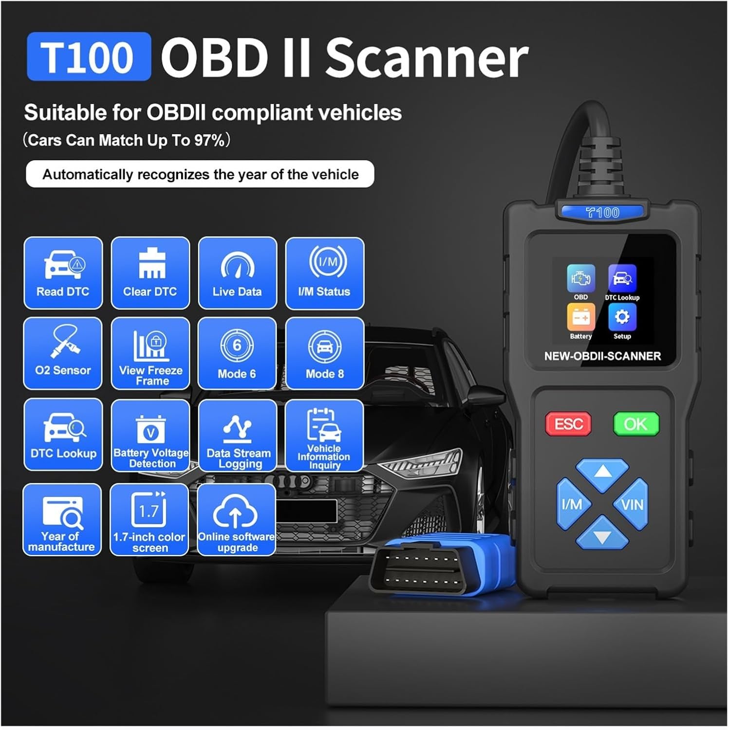 LKAHYUIBC T100 OBD2 Scanner showing various diagnostic functions