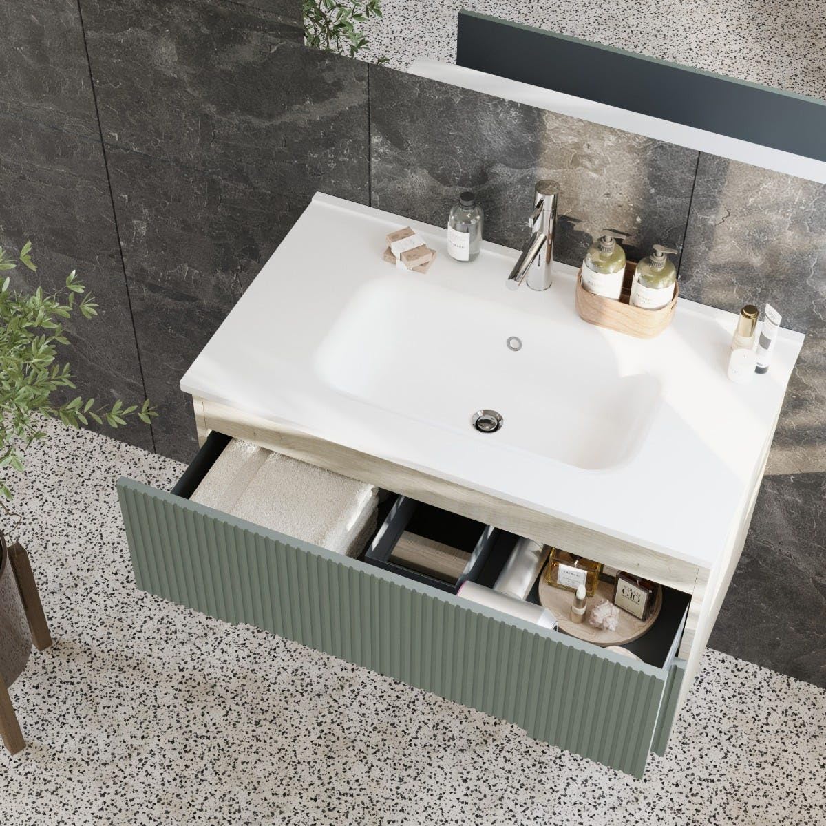 Kiamami Valentina Mobile Bagno Sospeso 60 Cm Rovere Ghiaccio Verde Salvia