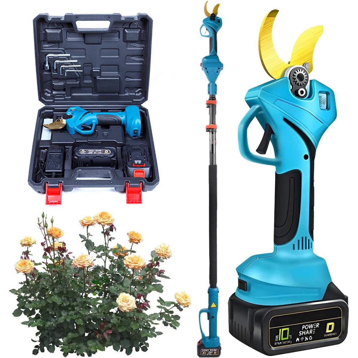 Tijeras De Podar Eléctricas, Podadora Eléctrica con Poste Telescópico, Diámetro De Corte De 40 Mm, Batería De Litio Recargable De 2 Piezas, Kit De Tijeras De Podar De Arbustos