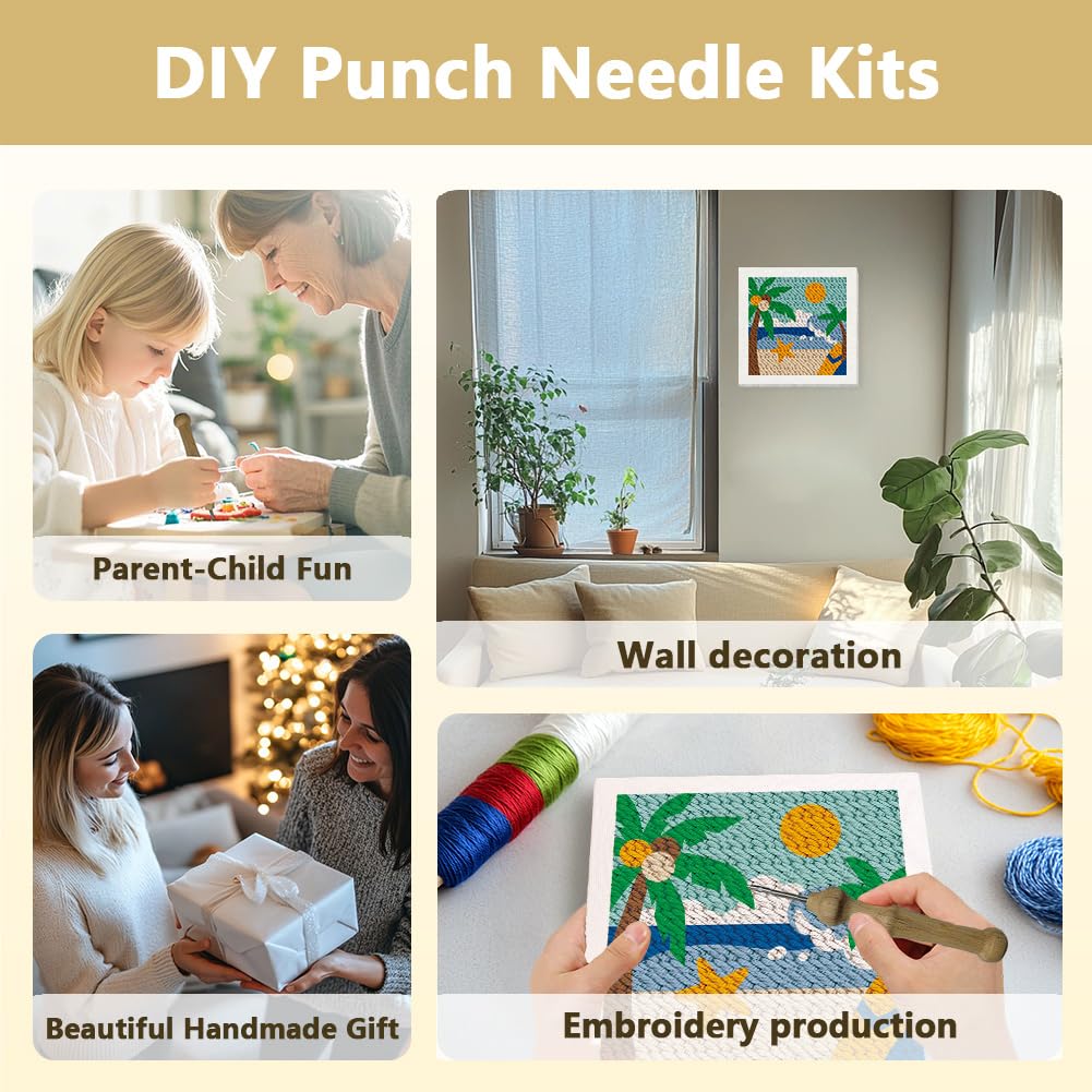 DOODLREAM Summer Beach DIY Punch Needle Embroidery Kit for Adult Beginner 24cm Coconut Trees Ocean Punch Stitching Craft Set for Starter with Frame Fabric Pattern - Image 4
