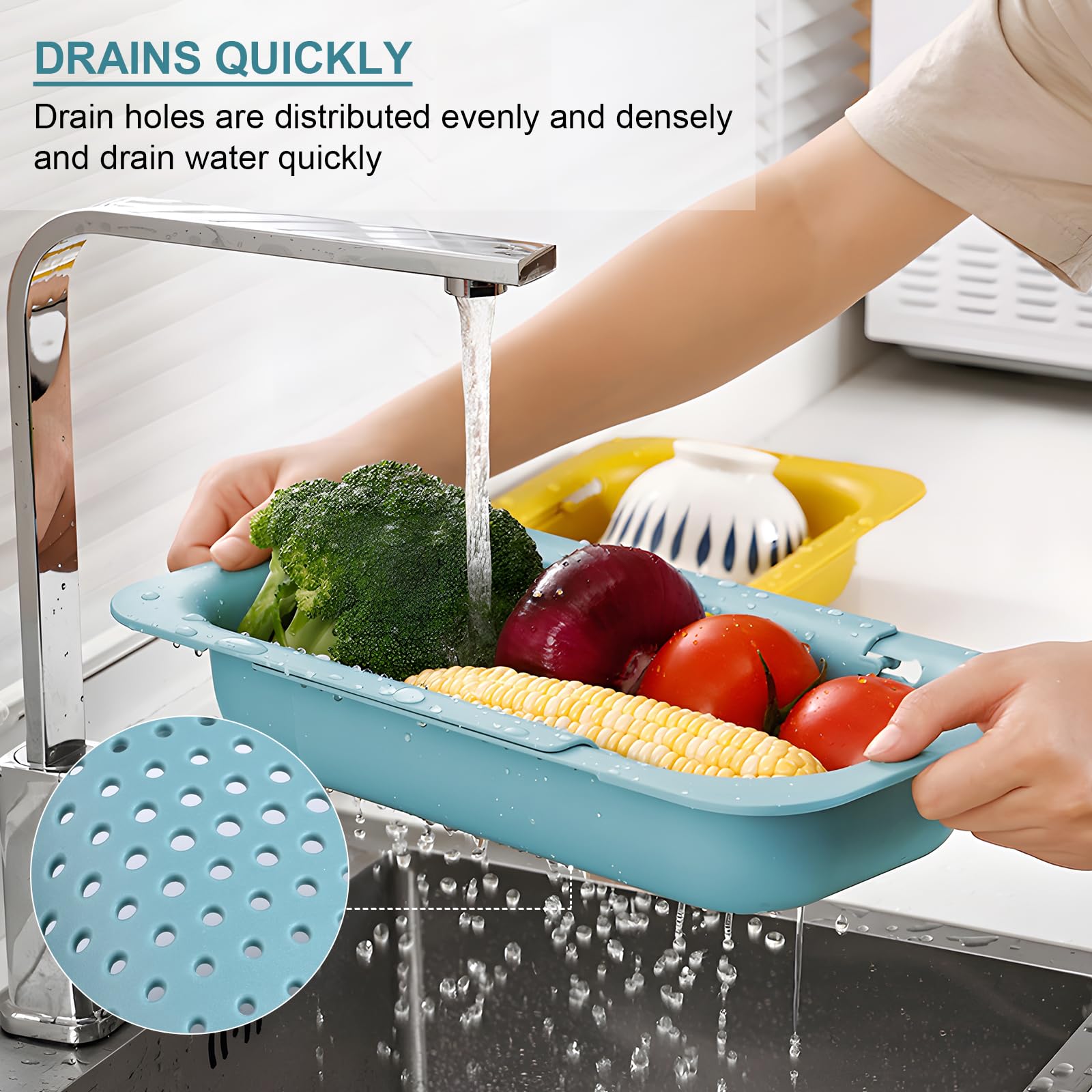 Dreamhigh® Zestaw 2 sitek do zlewu, sitko kuchenne z możliwością wysuwania (36,5-49,5 cm), kosz na sitko nad zlewem, nie zawiera BPA, do mycia warzyw i owoców, odsączania ugotowanego makaronu