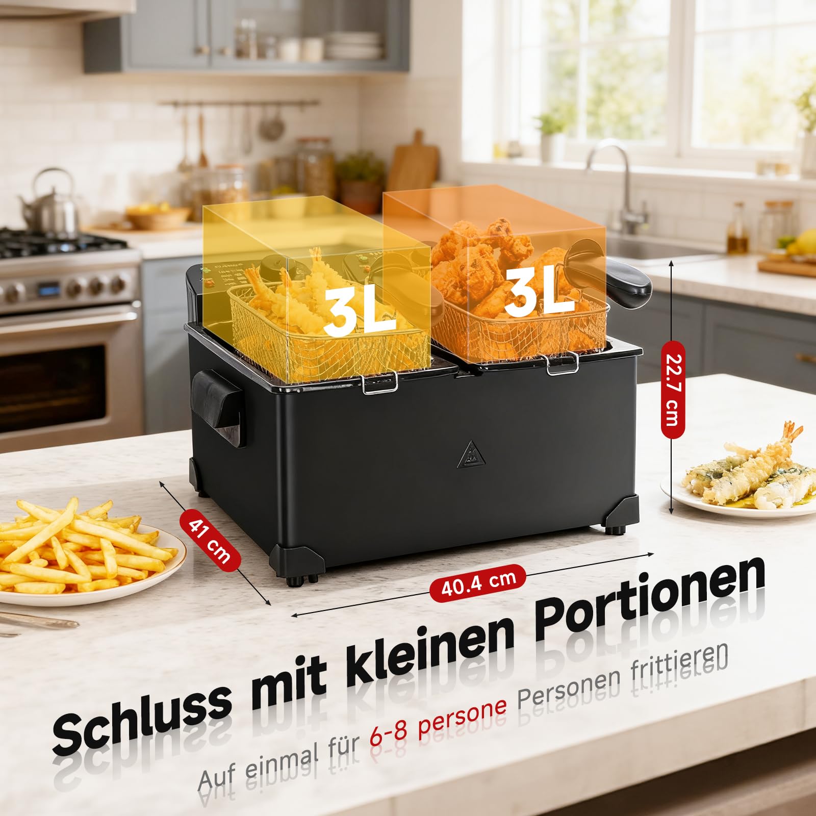 Aigostar Edelstahl Doppel-Fritteuse 3600W mit 2x3L Körben, Kaltzonenfunktion, Thermostat (90-190°C), Sichtfenster, emailliertem Topf, Ölfilter & Automatik-Abschaltung, Schwarz