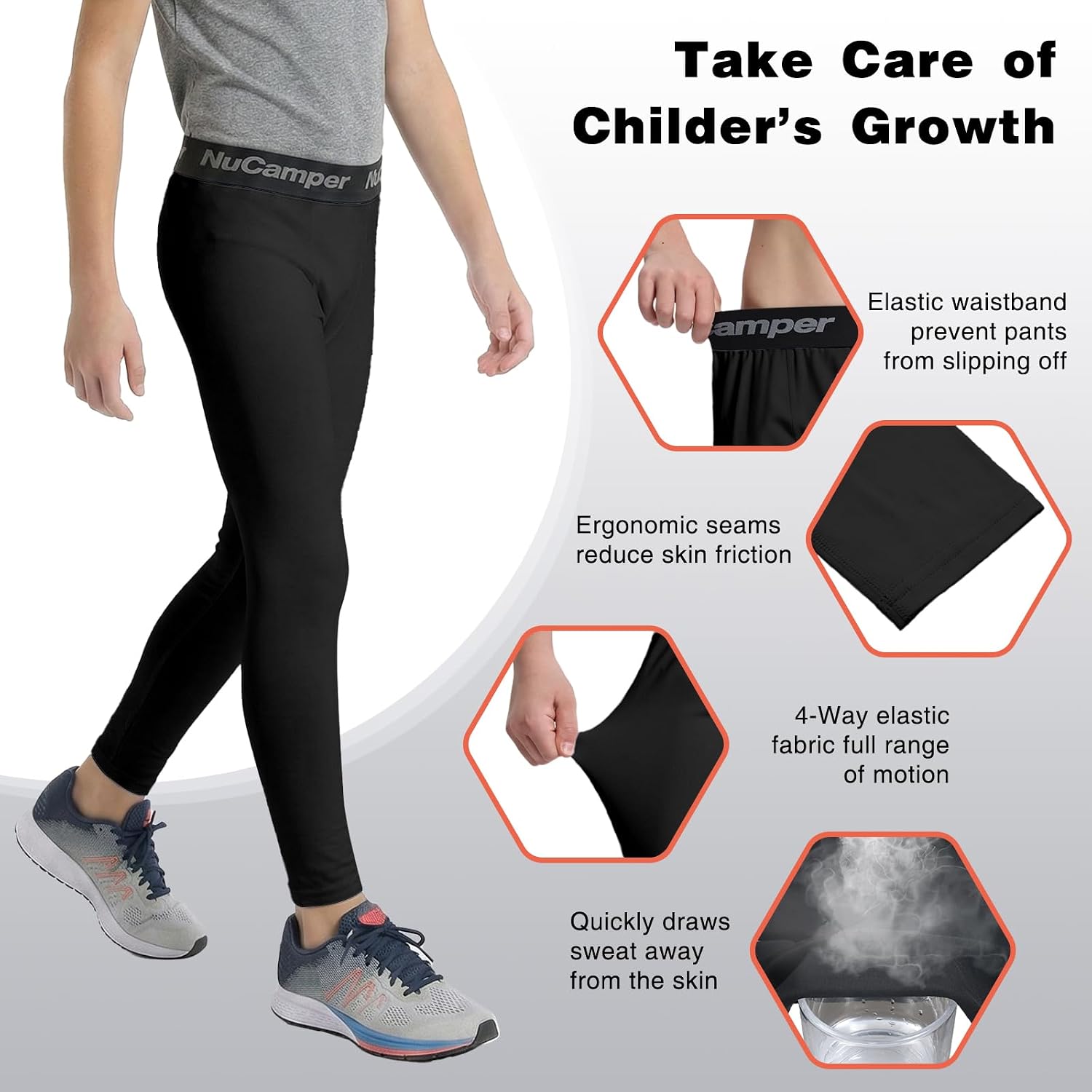 NuCamper Boys' Thermal Compression Pants Kids Fleece Lined Athletic Leggings, Youth Sports Base Layer Tights for Cold Weather