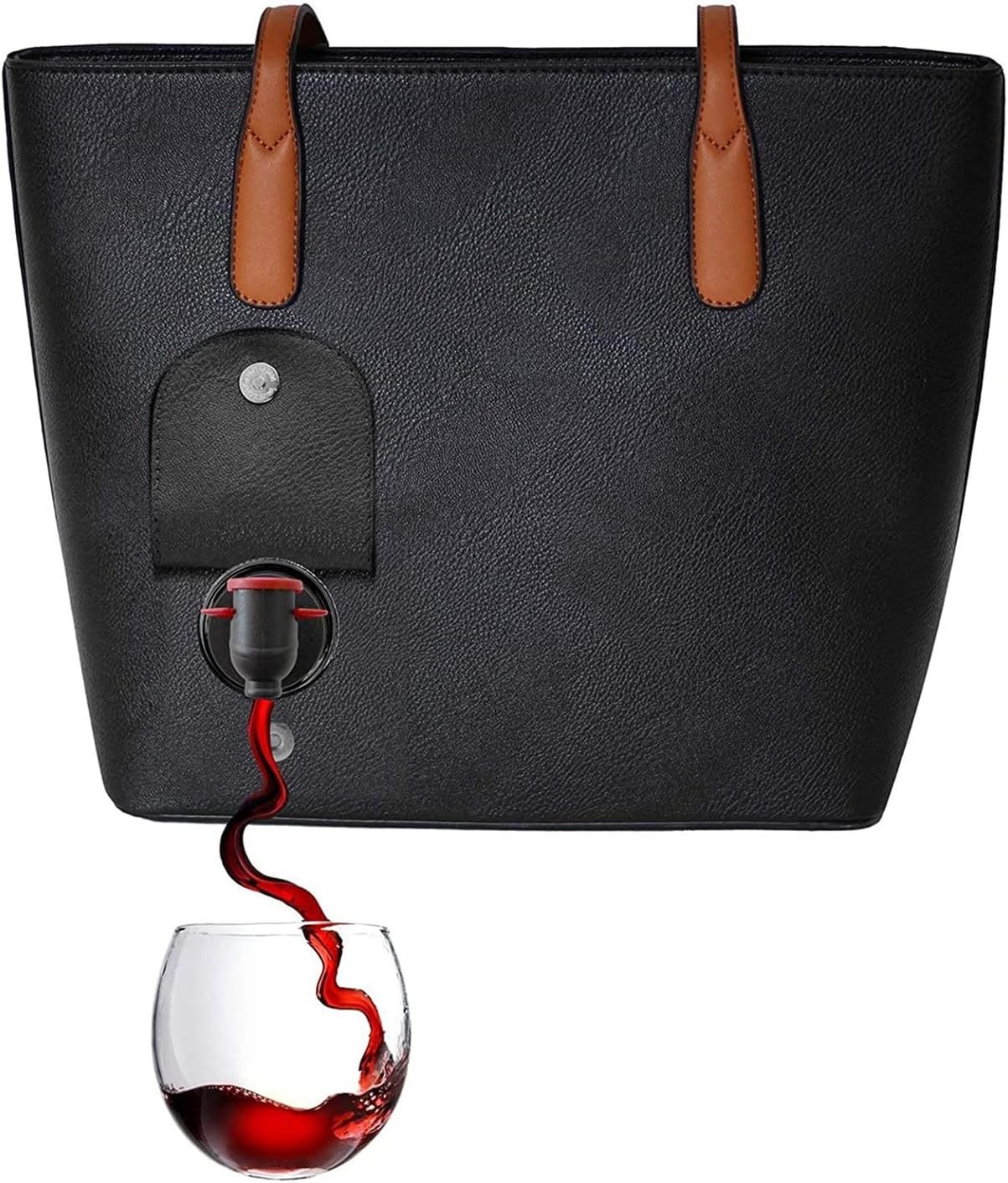 PortoVino Classic Tote Bag - Vegan Leather Wine Purse with Hidden Spout and Dispenser Flask for Wine Lovers that Holds and Pours 2 Bottles! For Traveling, Concerts, Bachelorette Party - Black
