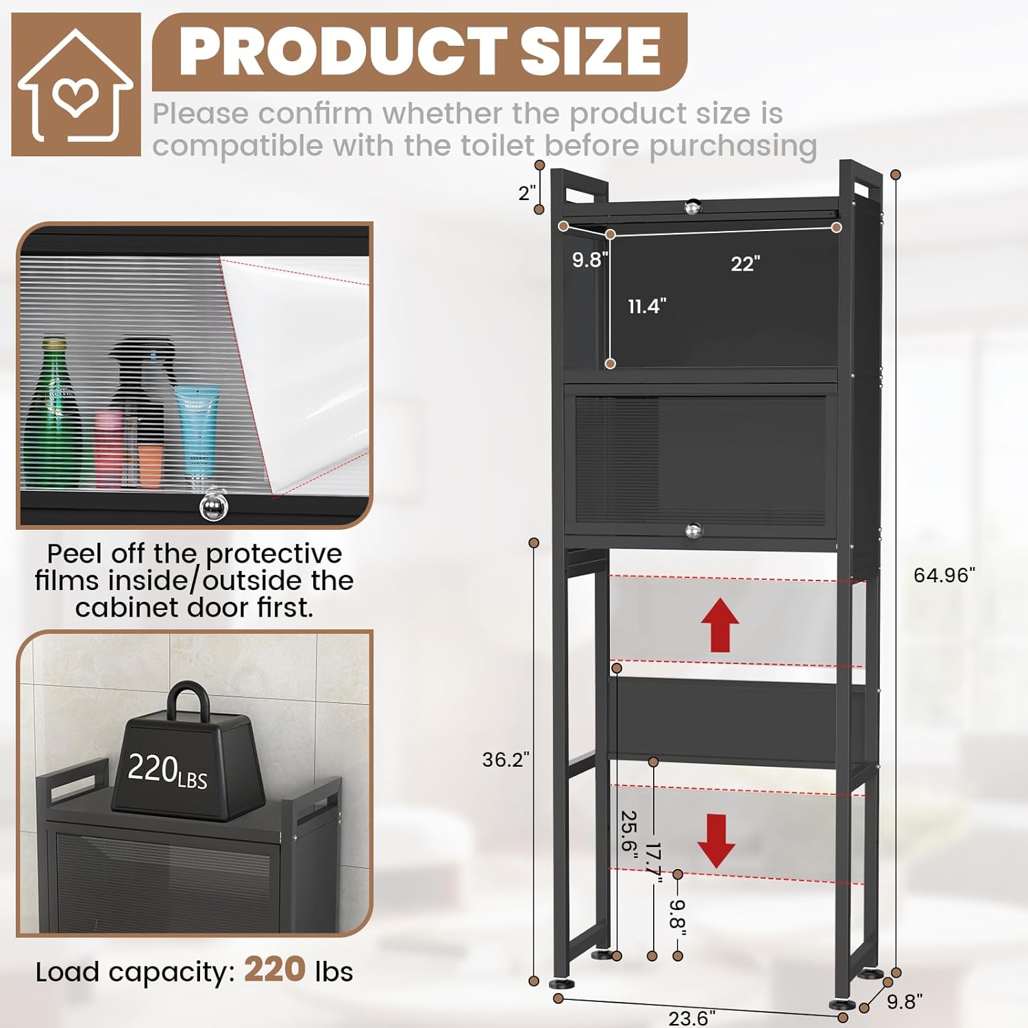 ZZL Over The Toilet Storage Cabinet,3-Tier,Bathroom Toilet Organizer,Waterproof, Cabinet Door Design,Freestanding Space Saver with 4 Hooks for Bathroom,Black