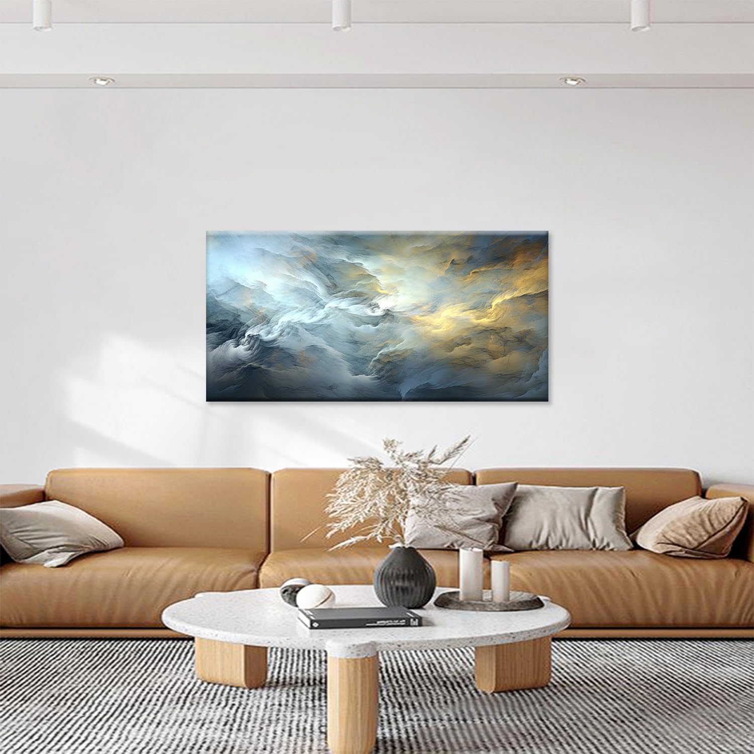 Abstract Canvas Wall Art, White and Gold Clouds Poster Print Abstract Cloud Landscape Painting Picture for Bedroom Living Room Decor(Artwork-02, 16"x8")