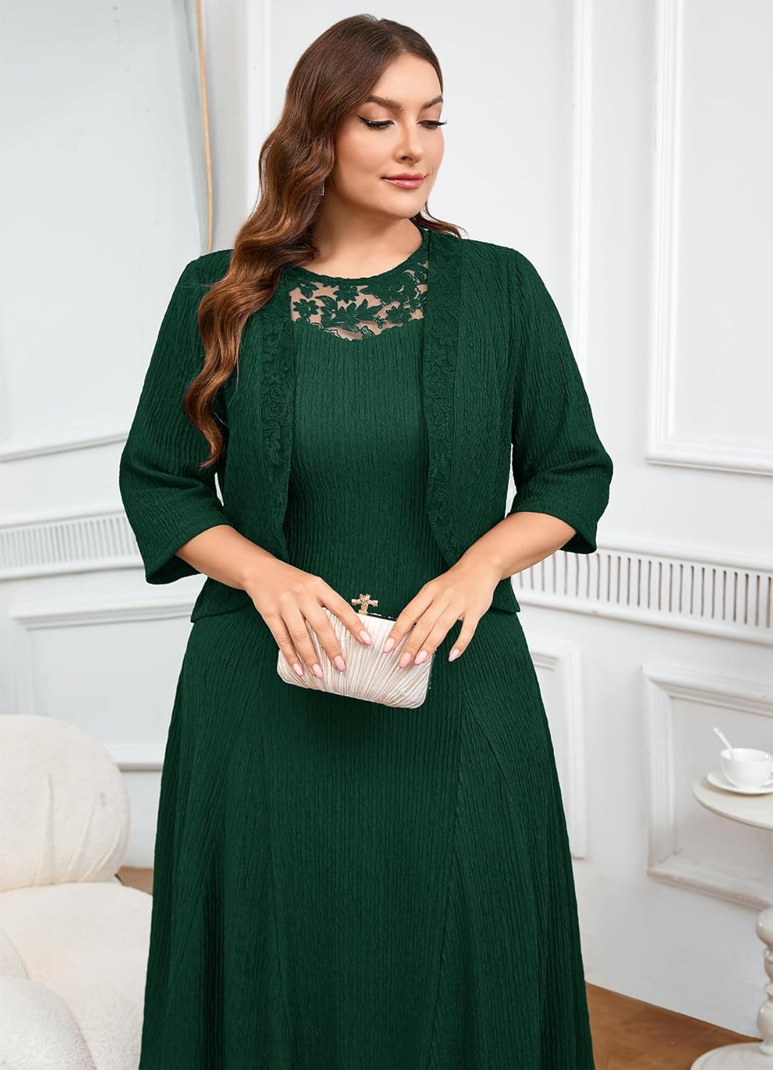 ZOMVA Plus Size Mother of The Bride Groom Dresses for Curvy Women 2 Piece Wedding Guest Dress with Jacket Tea Length - Image 2