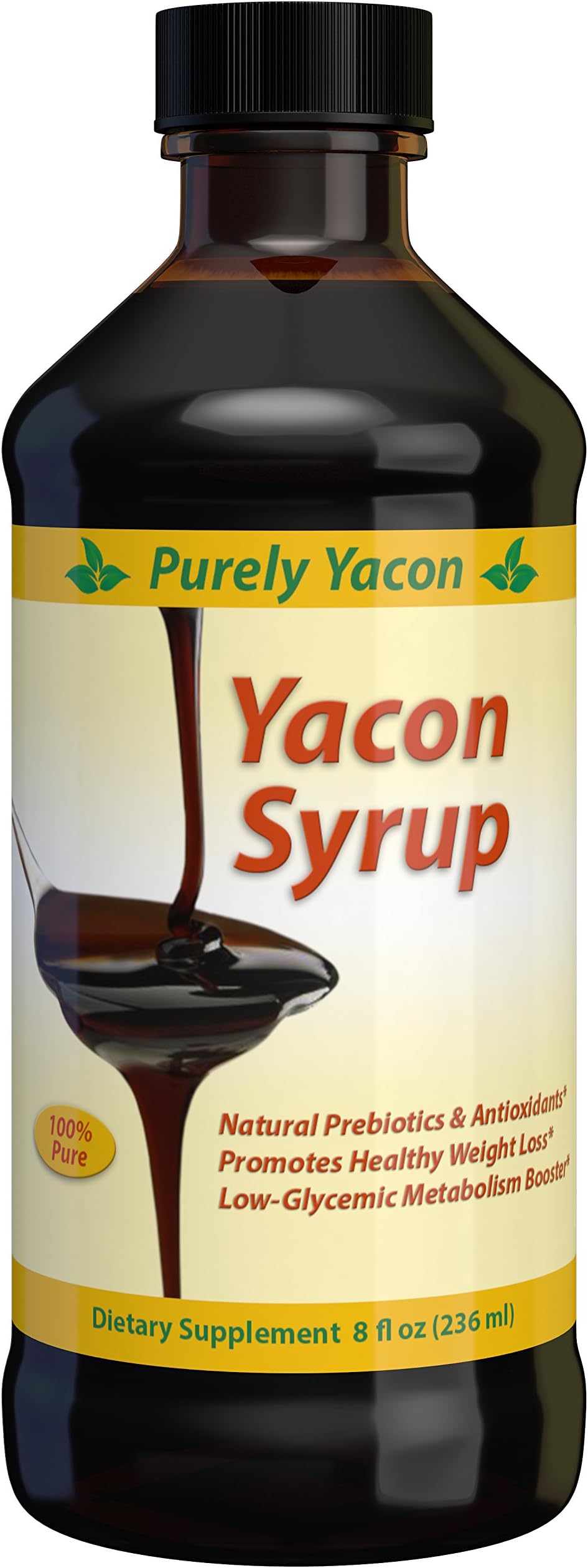 Purely Yacon - 100% Pure Yacon Syrup, Full 8 fl oz, Thick & Rich Tasting, Low-Calorie Sweetener, Premium Syrup Extract from the Yacon Root, High in Natural FOS Prebiotics & Antioxidants, Low-Glycemic Sugar Substitute, Metabolism Booster, Helps Regulate the Hunger Hormone & Supports Healthy Weight Loss and Healthy Digestion, Made in USA, 100% Satisfaction.