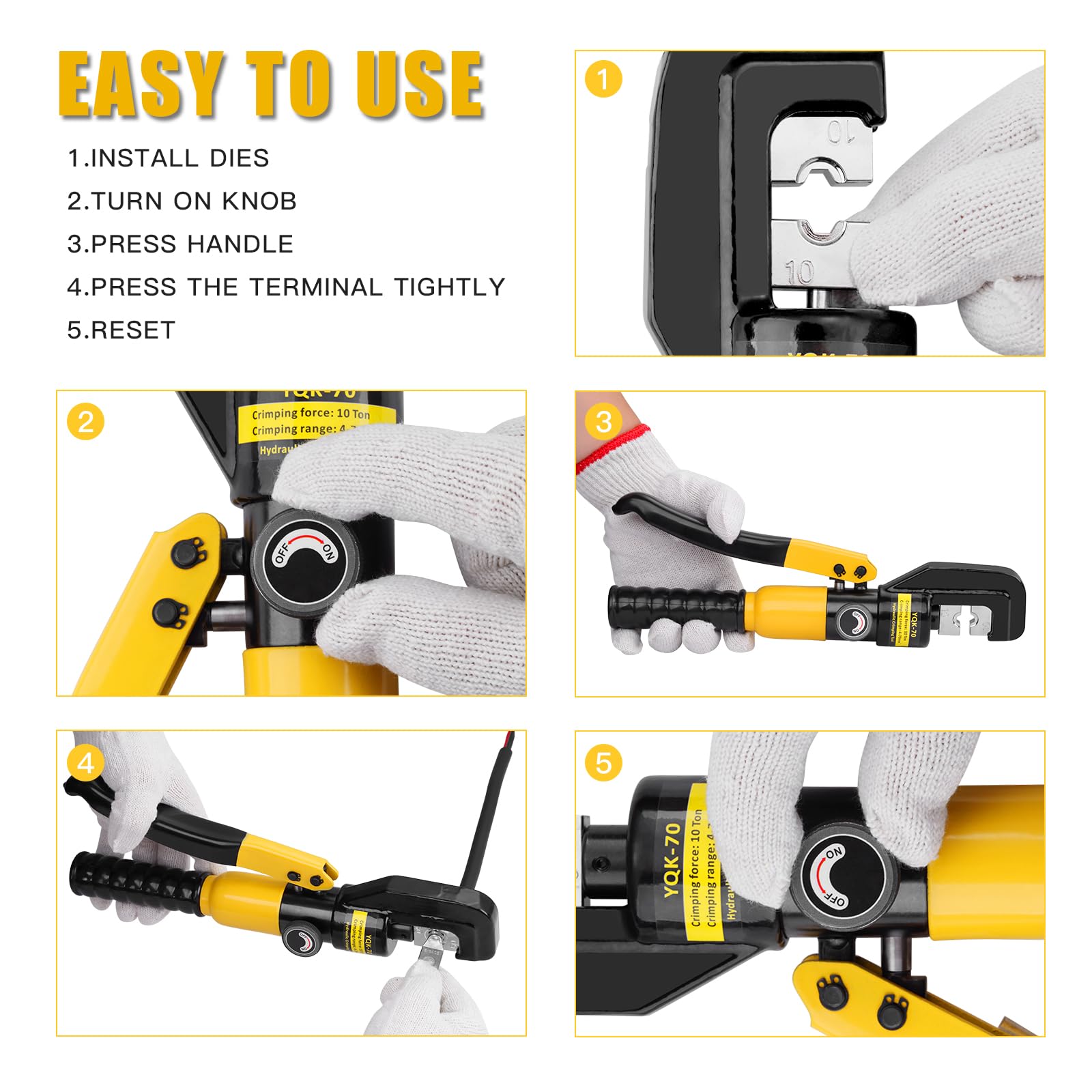 Pinze a crimpare idrauliche 10T, pinza a crimpare idraulica 4-70 mm² con 9 stampi esagonali 12 mm di corsa, pinze a capocorda elettriche TEENO per terminazioni di cavi in rame e alluminio