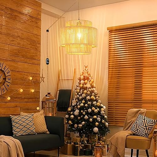 Miniatura 6 de Lámpara colgante de ratán para enchufar, con cable de enchufe, lámpara colgante de bambú regulable, tejida a mano estilo bohemio, pantalla de