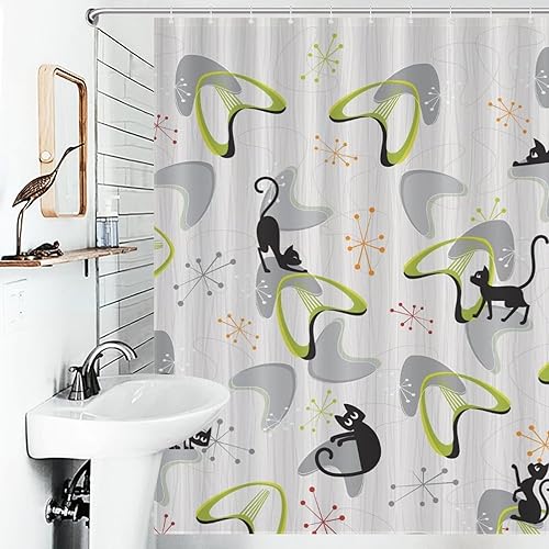 Miniatura 3 de Cortina de ducha de mediados de siglo para baño, diseño geométrico retro, moderno, gato negro, patrón atómico, bonito gatito, rústico, de los años