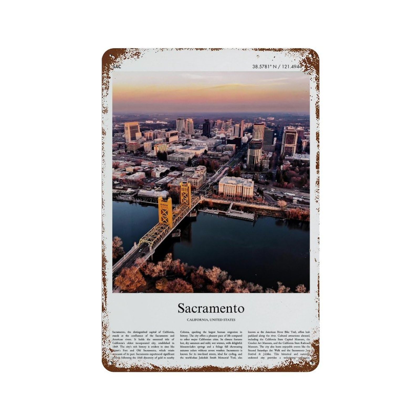 xiaoxiaoshen Sacramento California, United States, USA City Scenery Wall Decor Art Metal Tin Poster Modern Home Decor Art Home Bar Shop Decorations Vintage Sign 30x20cm