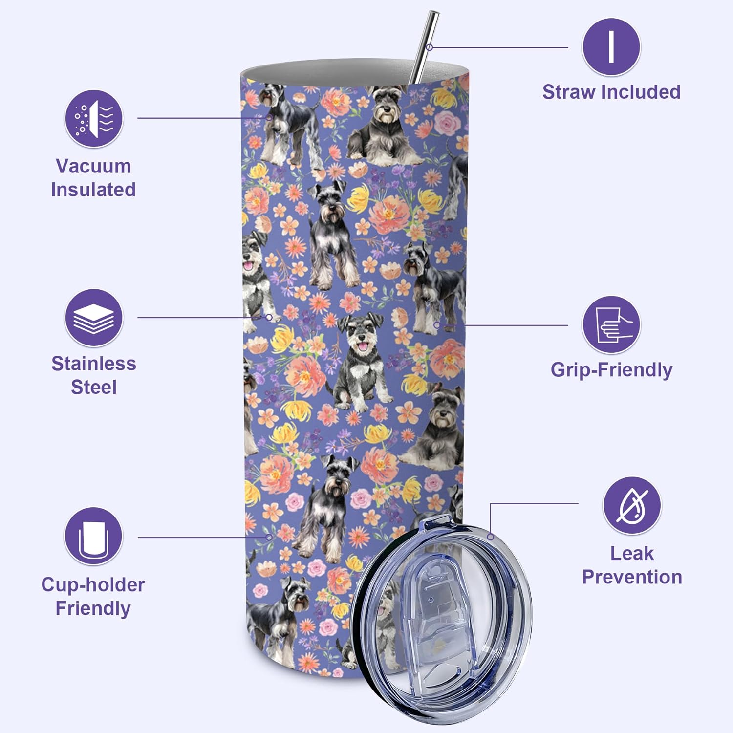 Schnauzer Gifts for Women, 20oz Stainless Steel Insulated Tumbler Travel Mug Cup with Lid Straw Brush, Gifts for Dog Mom Dog Lover - Image 3
