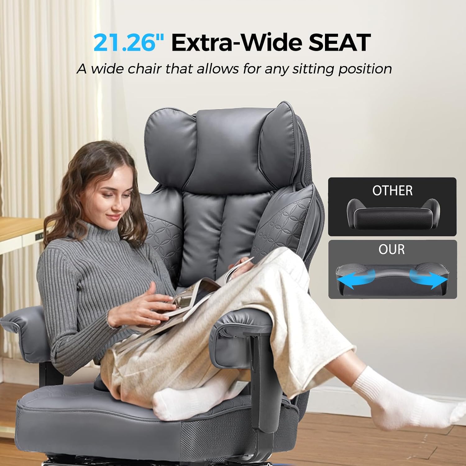 COMHOMA Desk Office Chair 400LBS Big and Tall Office Chair Ergonomic Gaming Chair with Wide Seat Leather High Back Chair with Foot Rest Adjustable Armrests Pocket Spring Lumbar Support - 6
