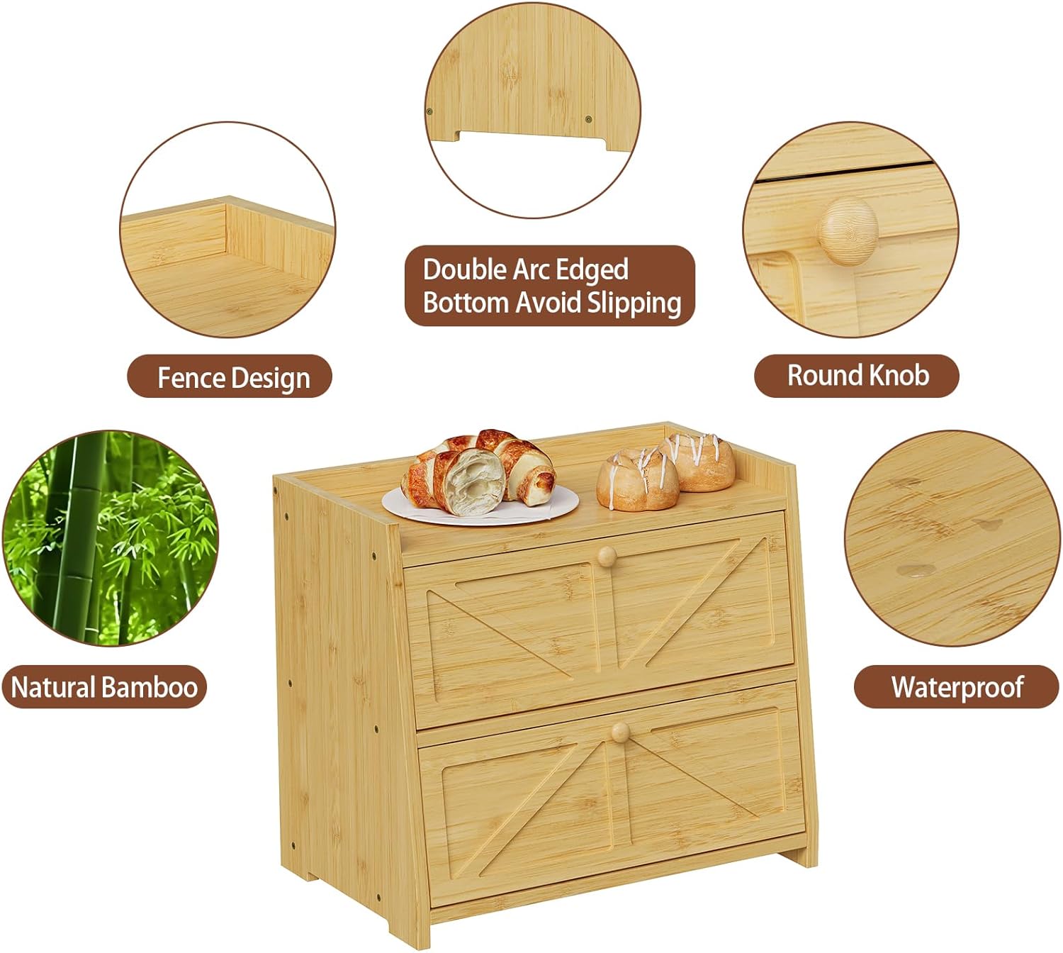 Trironsun Vintage Double Layer Bread Box for Kitchen Counter Bamboo Bread Storage Container Large Capacity Bread Storage Bin (Natural Bamboo)