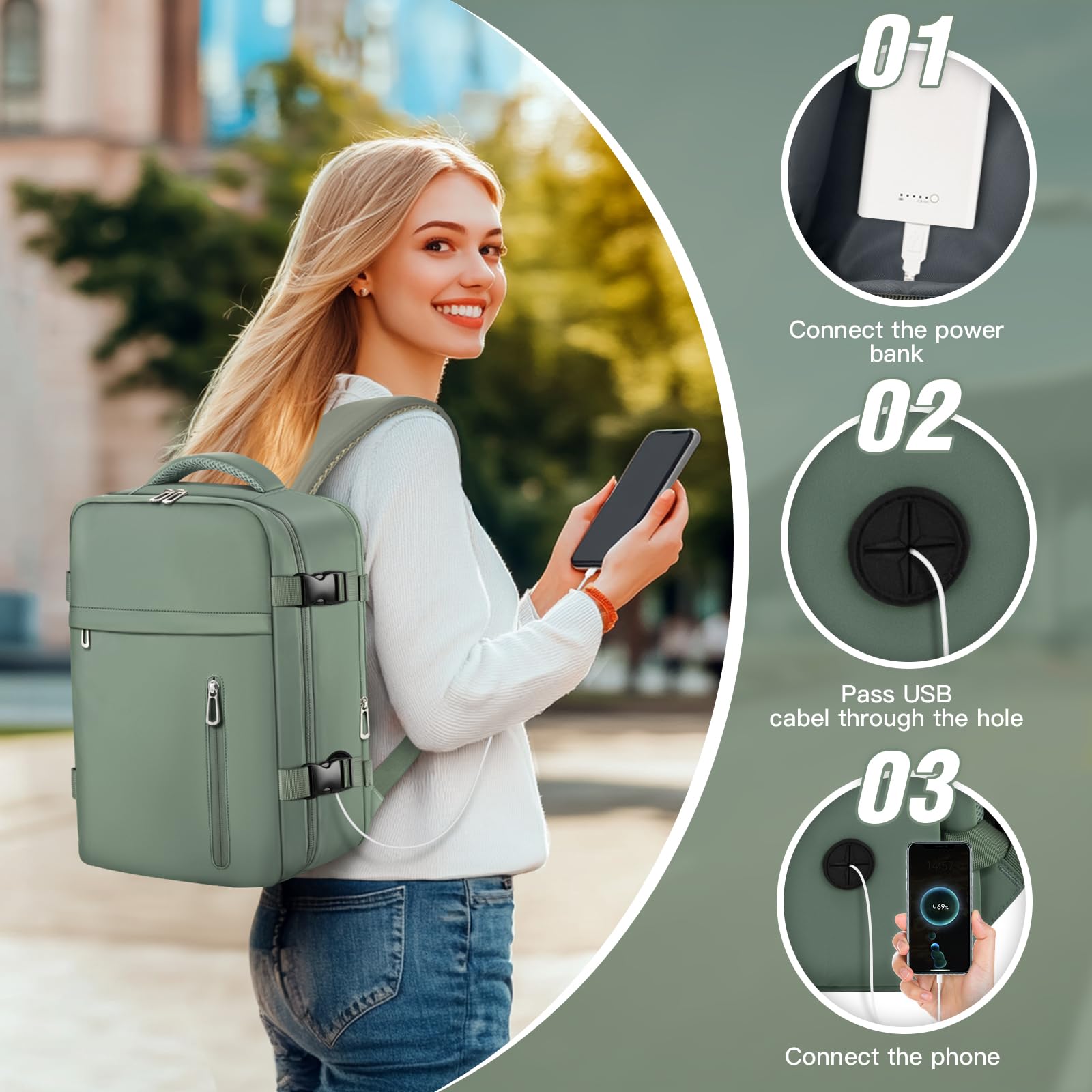 OTAHGK Bagage Cabine 40 x 30 x 20 pour Ryanair, Sac à Dos de Voyage Bagage à Main Avion Sac à Main sous Le Siège Valise Décontracté École Bureau Sac Ordinateur Portable -Vert