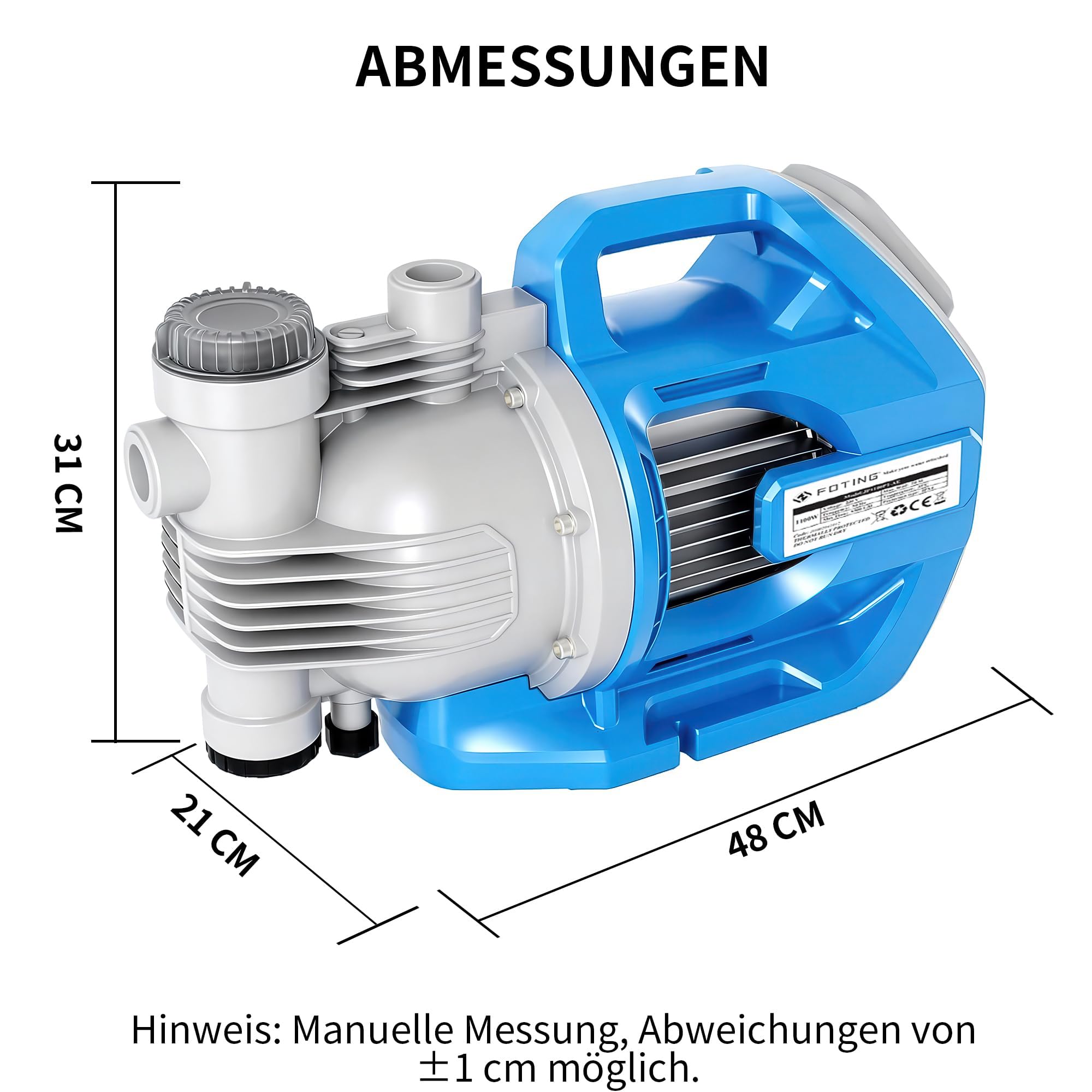 FOTING Gartenpumpe LED: 1100 W, 5.500 l/h, 50 m Förderhöhe, 4,8 bar – mit LED-Display, automatischem Druckschalter – Grob-Vorfilter, Überhitzungsschutz, max. 8 m Saughöhe – für Haus & Garten