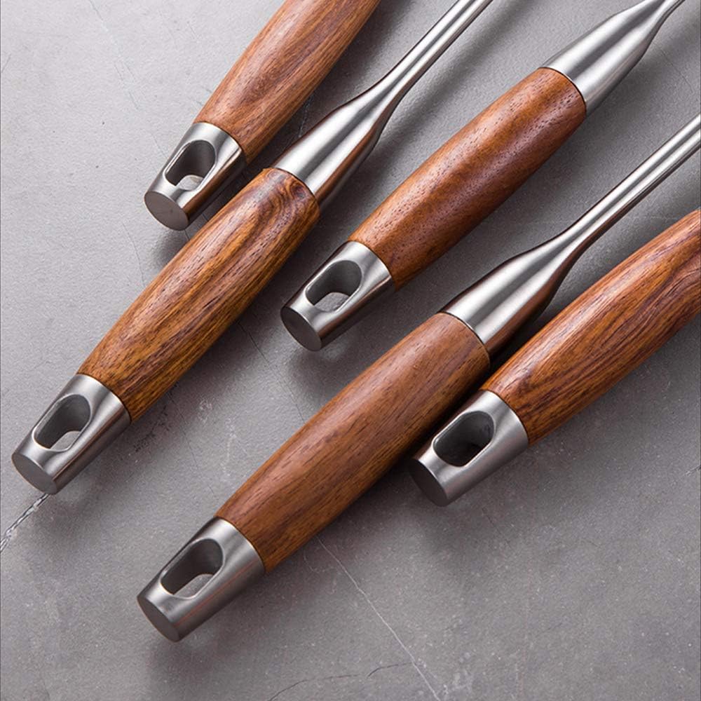6Pcs Stainless Steel Kitchen Cooking Utensils - Heat Resistant Hua limu Handle Cooking Tools Set with Skimmer Slotted Spoon, Spaghetti Server and Soup Ladle, Wide Spatula Rice Scoop Spoon