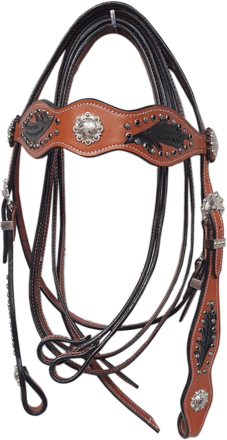 Western Leather Horse Headstall and Reins Combo Natural Antique Tooling, Quick Bit Change Adjustable Browband Headstall and Free Size Reins for Horses