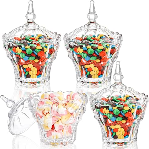Miniatura 6 de DEAYOU Paquete de 4 tarros decorativos para dulces, plato de cristal para dulces con tapa, tarro de cristal de diamante, tarro pequeño cubierto para