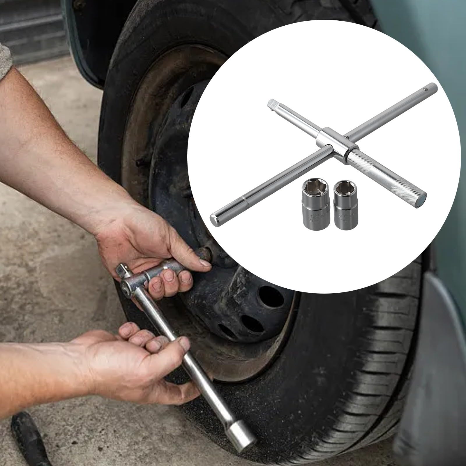 Llave de llanta de 4 vías, hierro cruzado para neumáticos, herramienta telescópica para tuerca de rueda, enchufes de 17/19/21/23 mm, resistente para coche, furgoneta, SUV