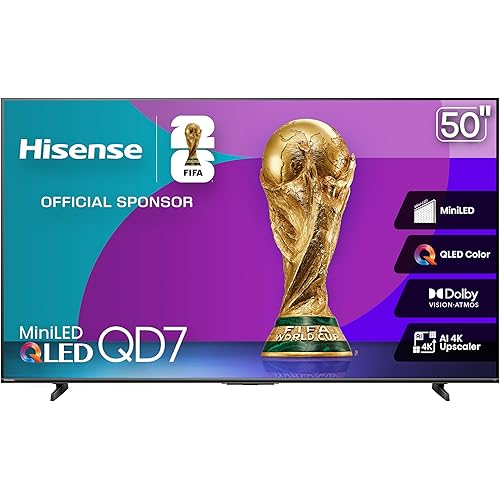 Hisense 50" Class QD7 Series Mini-LED 4K UHD Smart Fire TV (50QD7QF, 2025 Model) - QLED, HDR10+, Dolby Vision, Dolby Atmos, Game Mode Plus, ALLM, Alexa Built in with Voice Remote, Streaming TV, Black