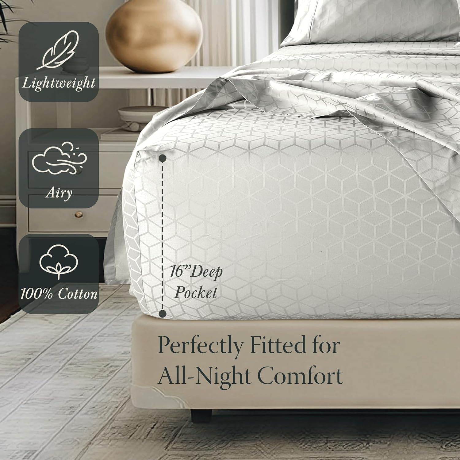 Threadmill 400TC Egyptian Cotton Queen Sheet Set, Damask, Light Grey image 3