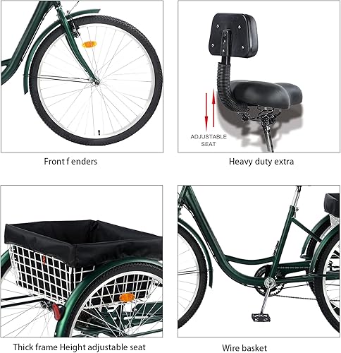 Miniatura 27 de Triciclo para adultos de 24/26 pulgadas, 7 velocidades, triciclos de montaña de 3 ruedas, bicicletas de tres ruedas con cesta y asiento de respaldo
