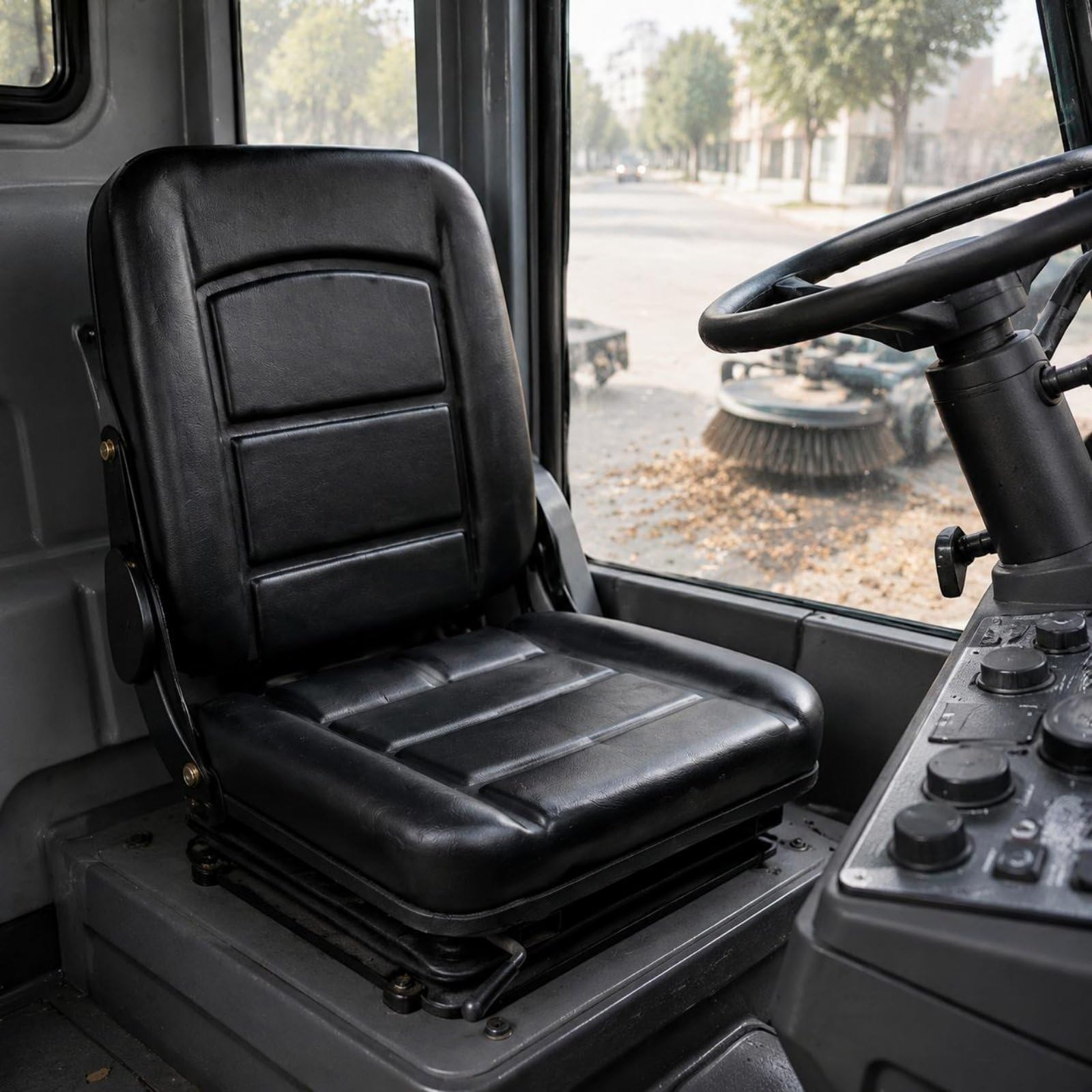 Asiento Vehículo Carga Elevadora Cuero PU Silla Ergonómico Universal Compartimiento l Operador para Almacén, Placa De Conexión De Asiento Pequeño Negro 26-28
