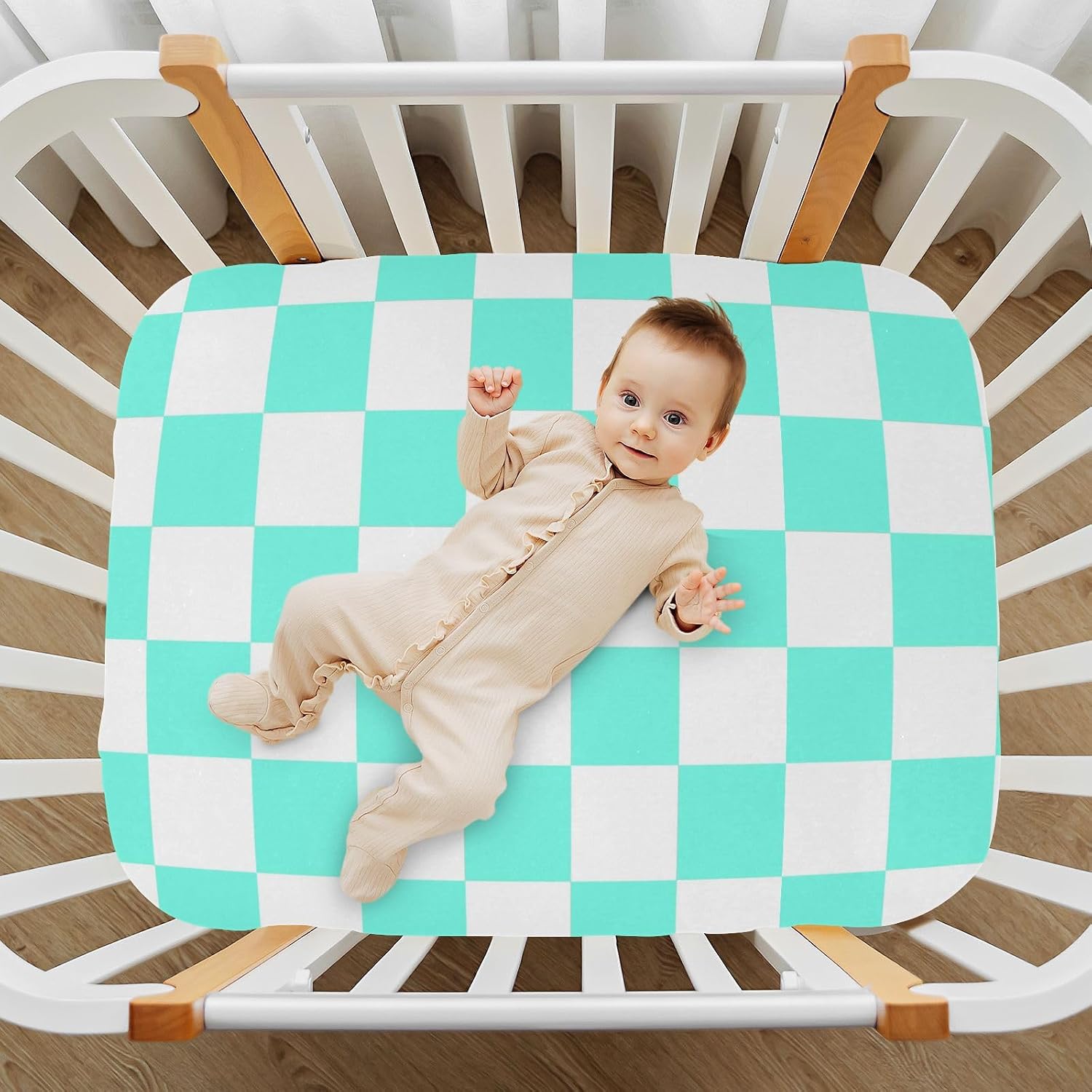 Chess Checkerboard Neon Light Blue White Crib Sheets for Boys Girls Pack and Play Sheets Portable Mini Fitted Baby Sheet for Standard Crib and Toddler Mattresses Boy Girl, 52x28IN