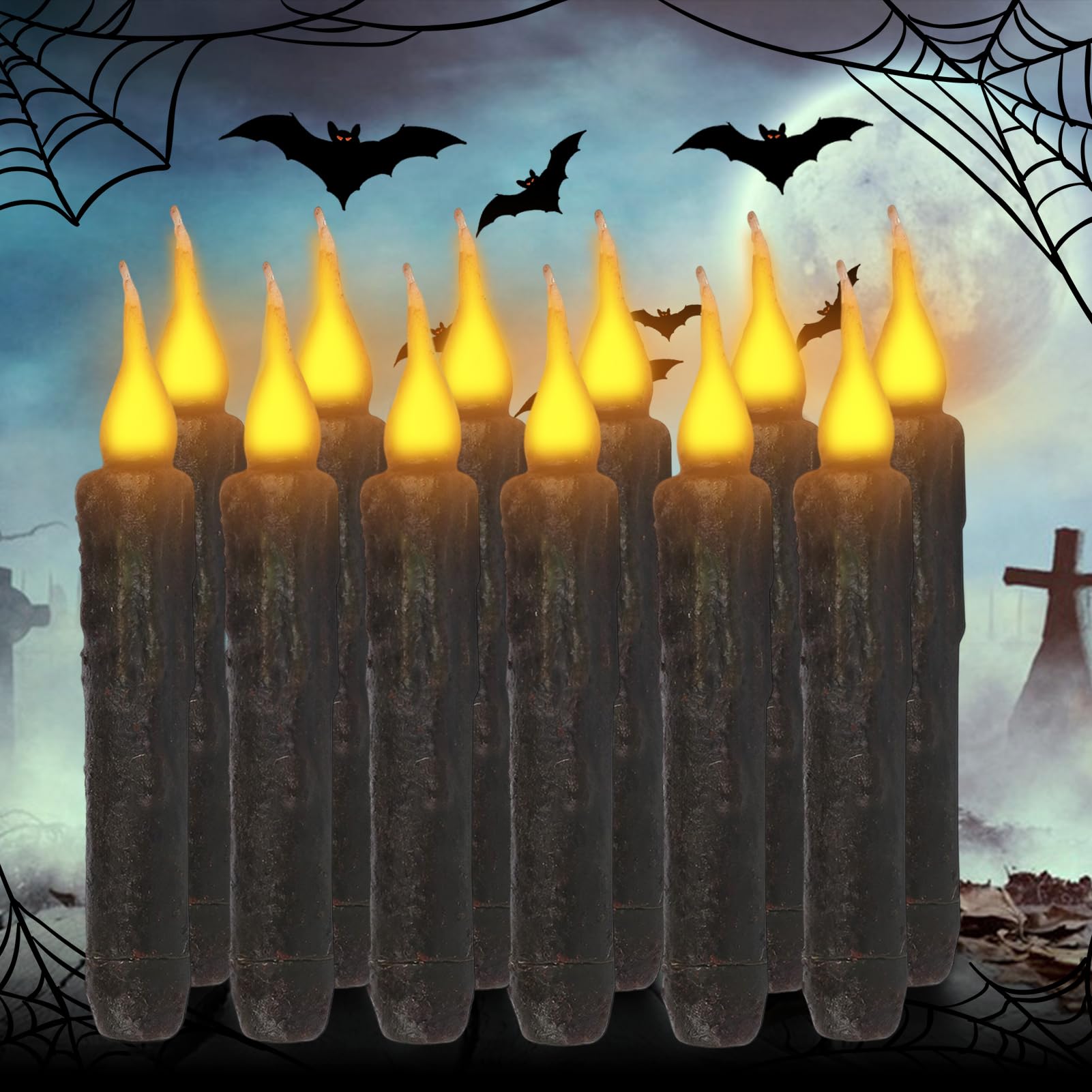Pack of 12 Halloween LED Candles, Halloween Decoration, Flameless Candles, LED Battery Operated, Taper Candles LED with Flickering Flame for Halloween Decoration, Christmas Decoration, Wedding Table