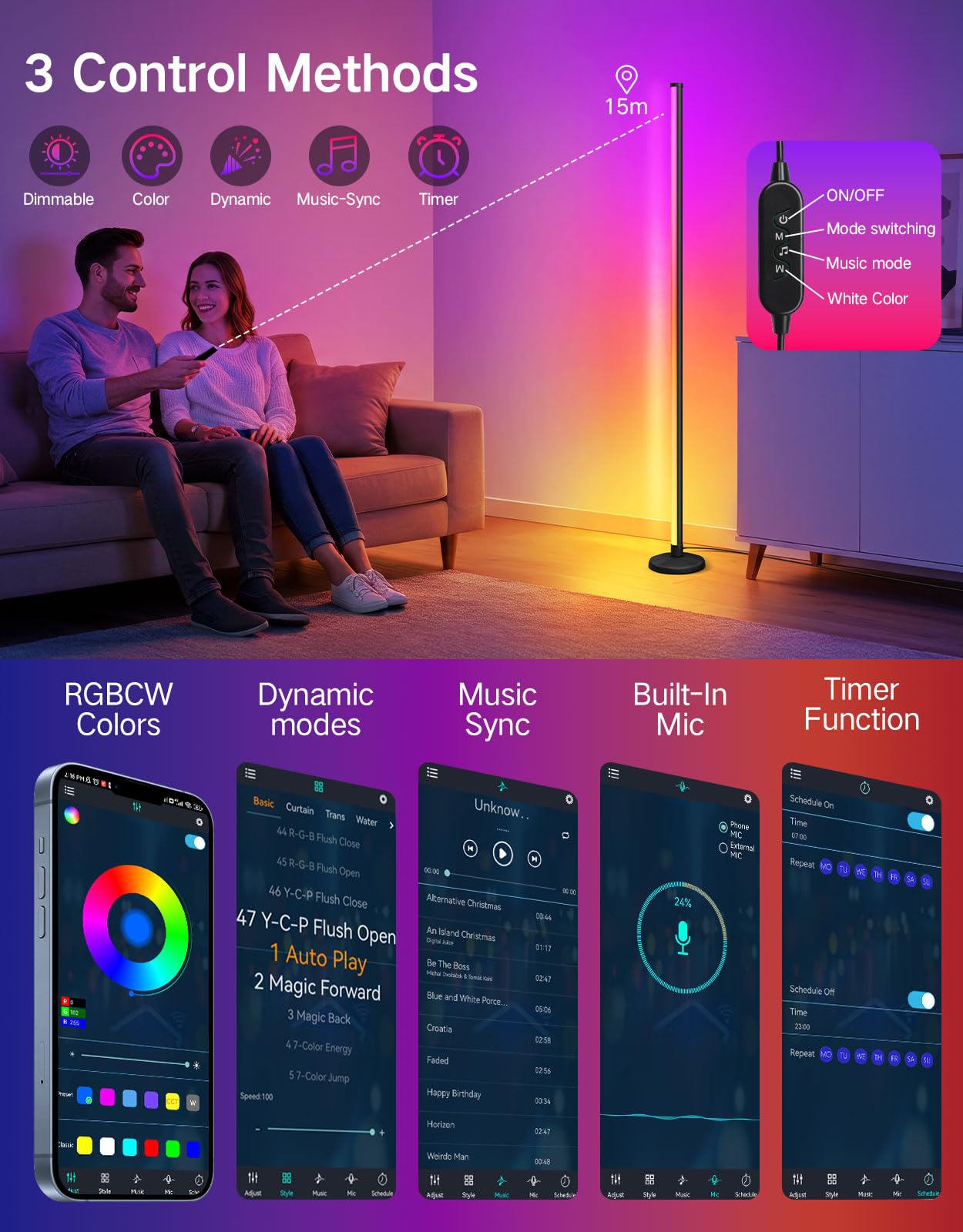 OUTON Lampada da Terra LED 2-Pezzi, RGBIC Dimmerabile Piantana con Telecomando e Controllo APP, 16 Milioni di Colori, Sincronizzazione Musicale, Timer, per Soggiorno, Camera, Giochi