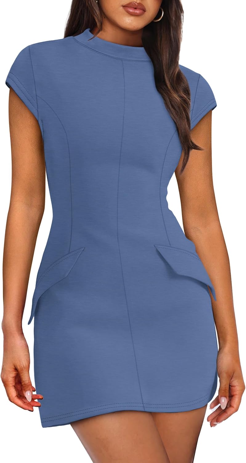 OFEEFAN Womens Summer Dress Mock Neck Short Sleeve Bodycon Party Club Mini Dresses
